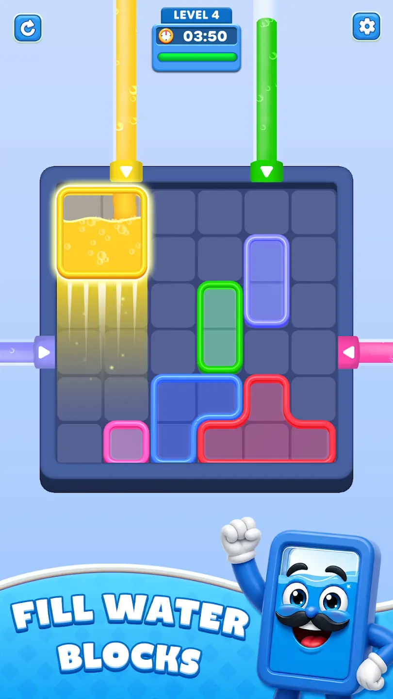 Water Out Puzzle board with colored blocks and pipes